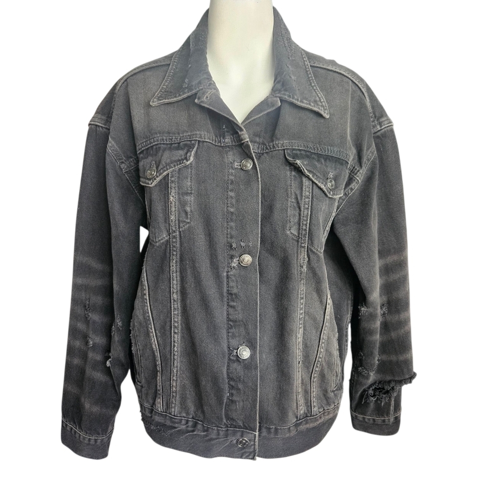 Free People Distressed Denim Jacket Black S (Fits Like M) Thrashed Grunge Skater